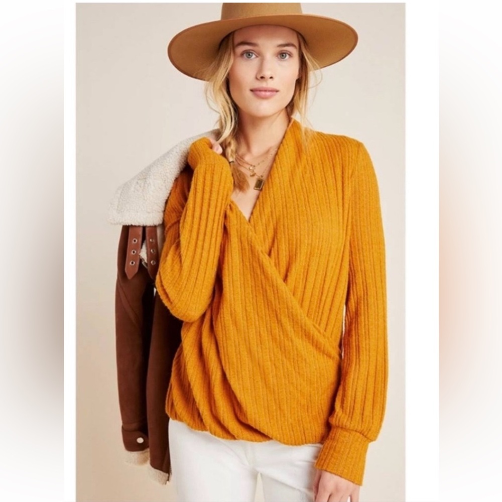 Anthropologie Maeve Rafela Hacci Surplice Faux Wrap Sweater Top Warm Medium